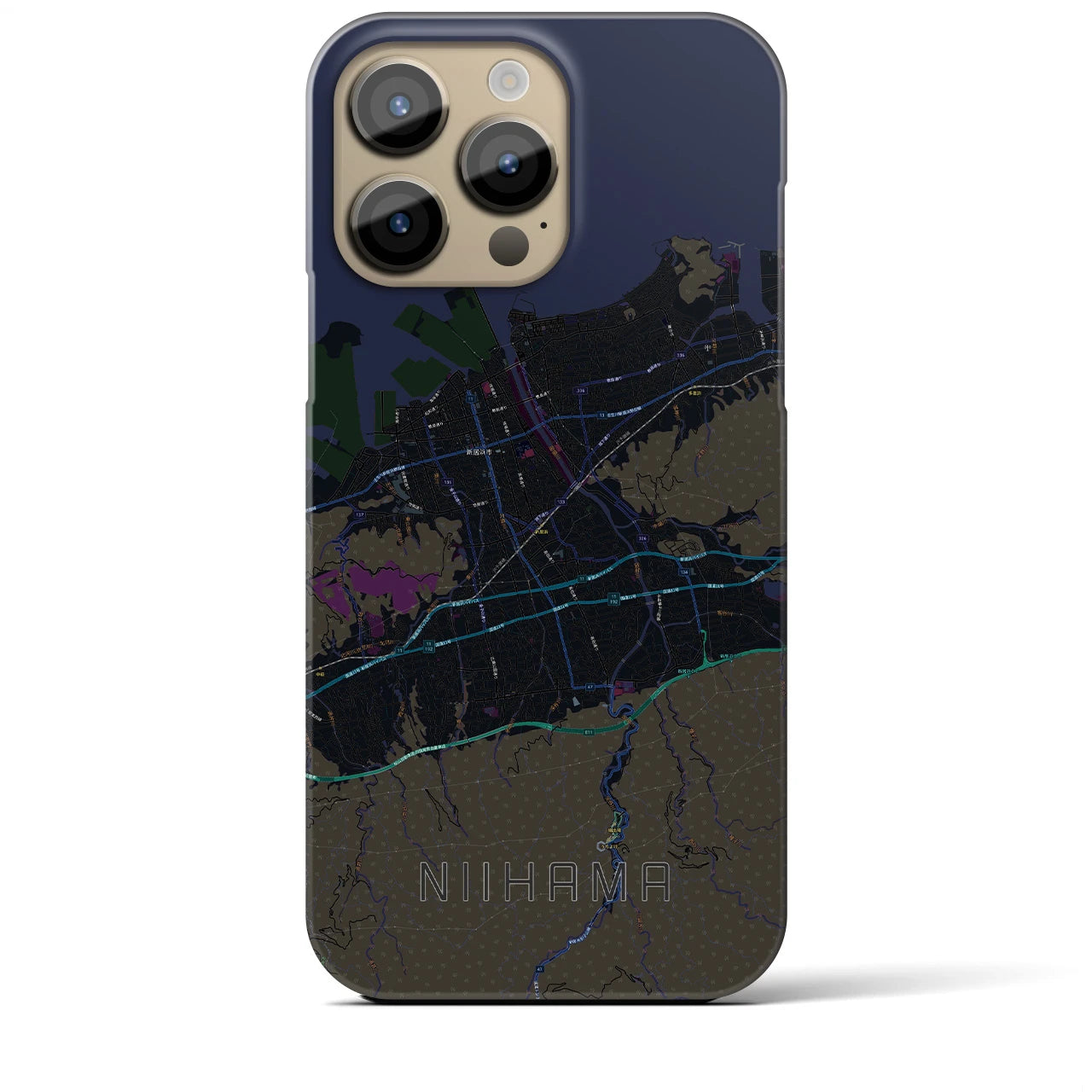 【新居浜】地図柄iPhoneケース（バックカバータイプ・ブラック）iPhone 14 Pro Max 用