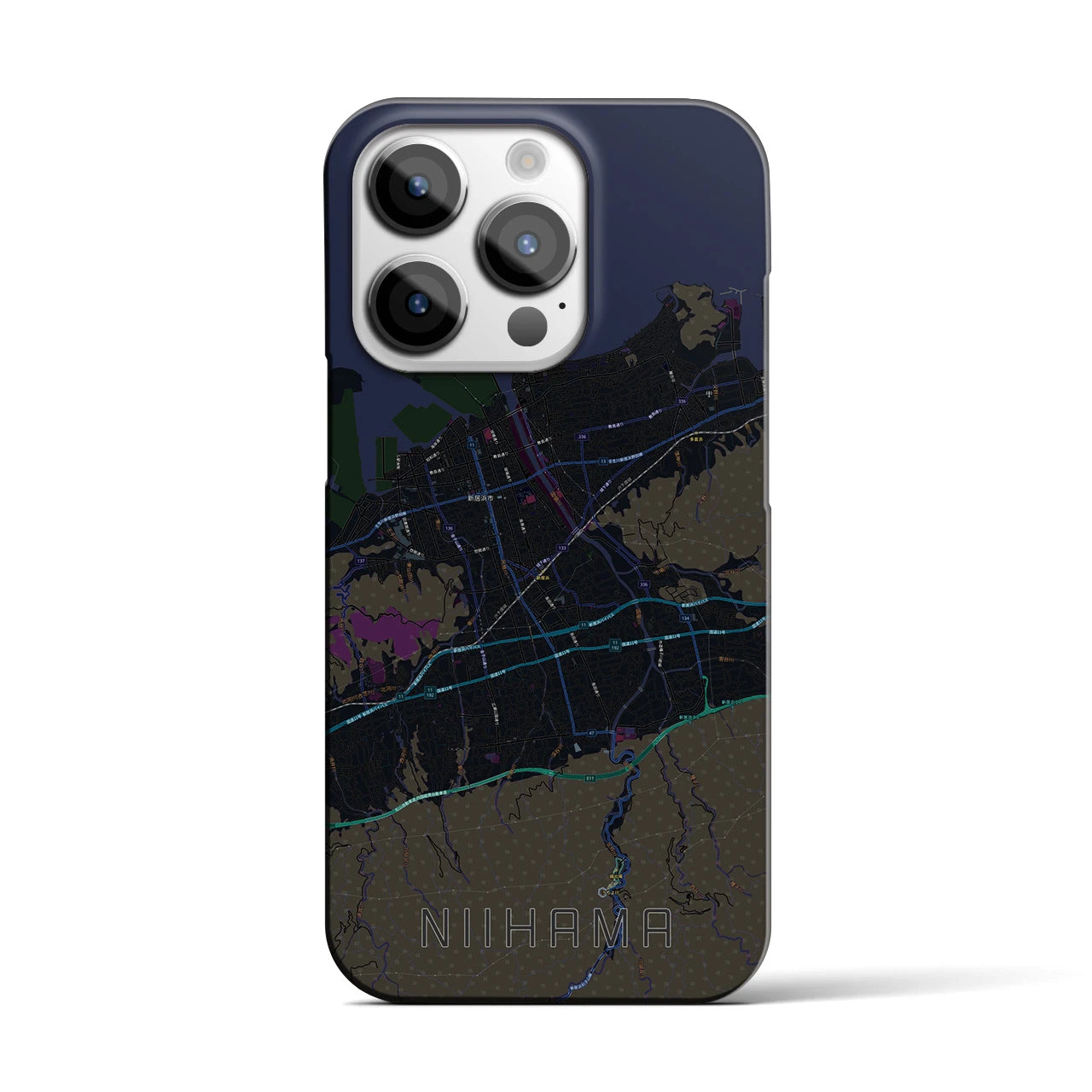 【新居浜】地図柄iPhoneケース（バックカバータイプ・ブラック）iPhone 14 Pro 用