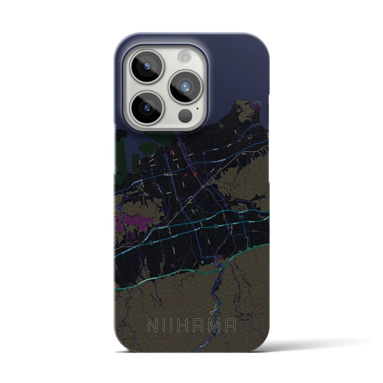 【新居浜】地図柄iPhoneケース（バックカバータイプ・ブラック）iPhone 15 Pro 用