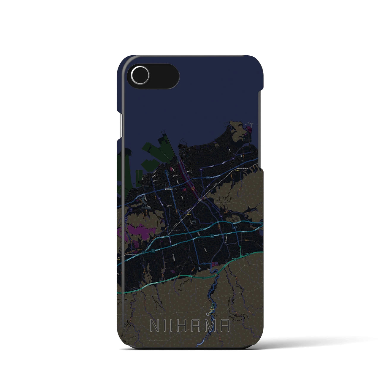 【新居浜】地図柄iPhoneケース（バックカバータイプ・ブラック）iPhone SE（第3 / 第2世代） / 8 / 7 / 6s / 6 用