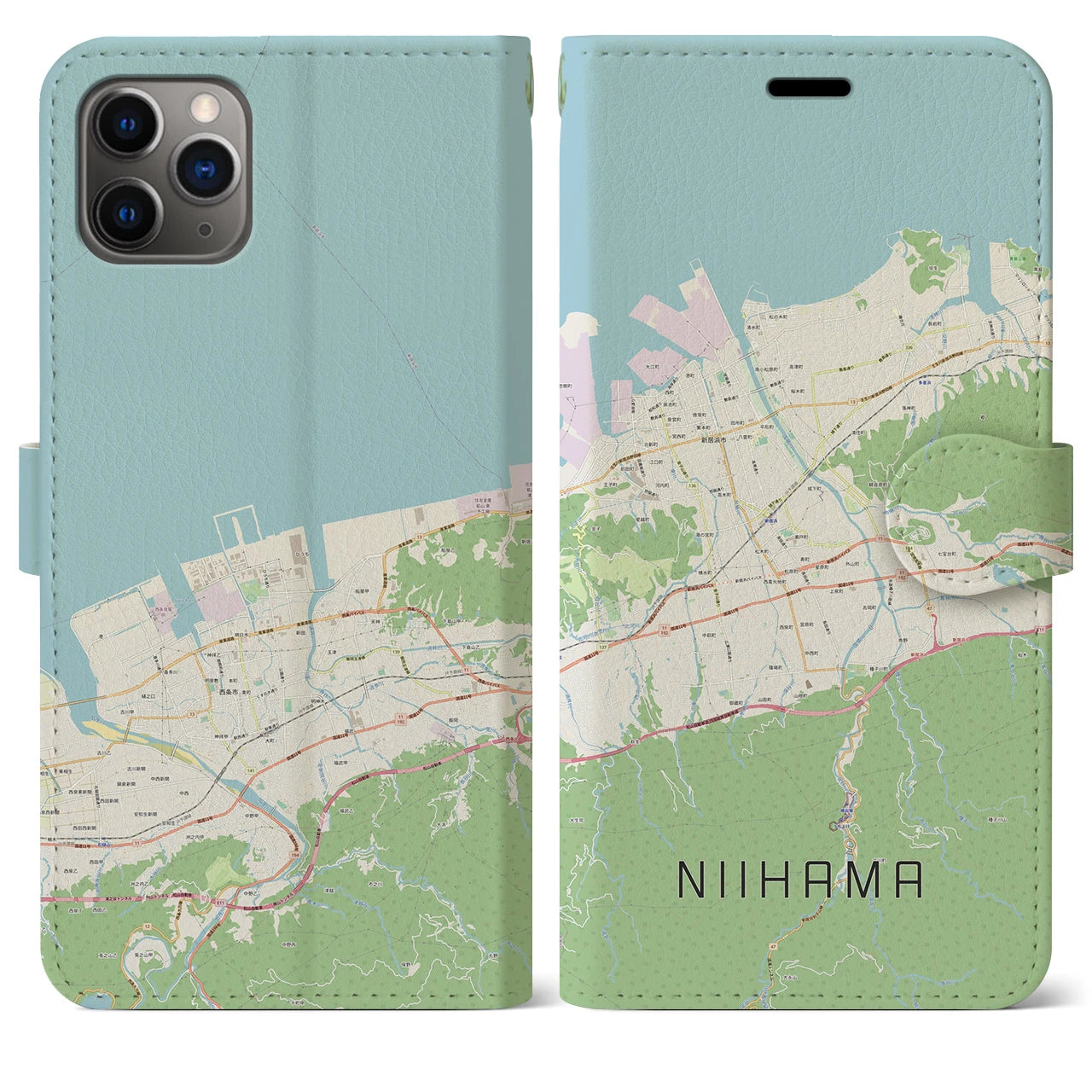 【新居浜】地図柄iPhoneケース（手帳両面タイプ・ナチュラル）iPhone 11 Pro Max 用