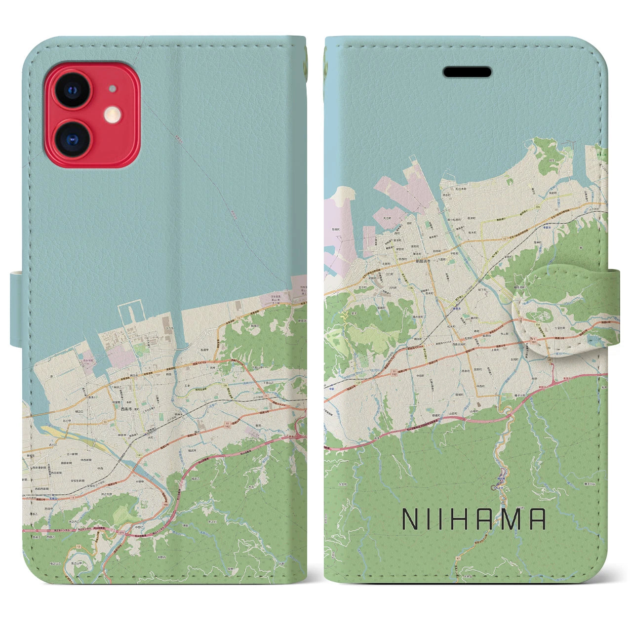 【新居浜】地図柄iPhoneケース（手帳両面タイプ・ナチュラル）iPhone 11 用