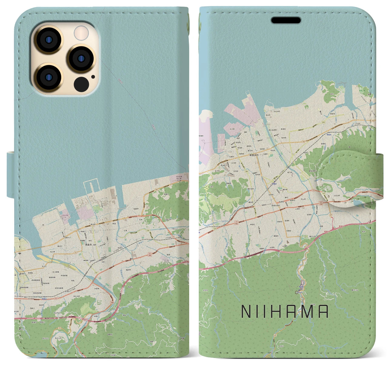 【新居浜】地図柄iPhoneケース（手帳両面タイプ・ナチュラル）iPhone 12 Pro Max 用