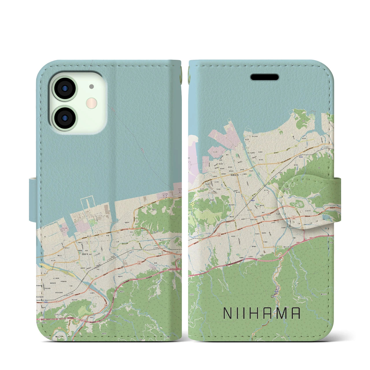【新居浜】地図柄iPhoneケース（手帳両面タイプ・ナチュラル）iPhone 12 mini 用