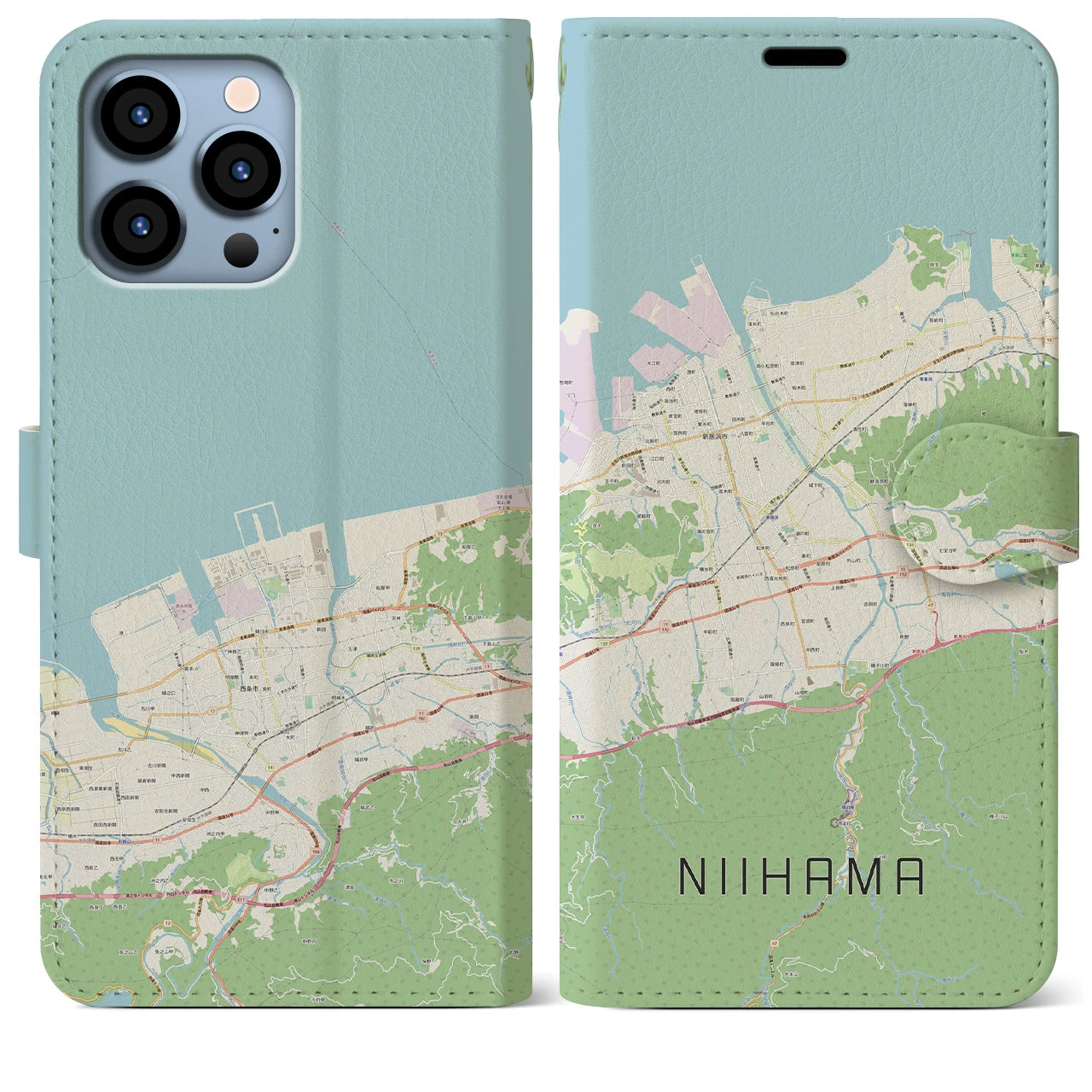 【新居浜】地図柄iPhoneケース（手帳両面タイプ・ナチュラル）iPhone 13 Pro Max 用