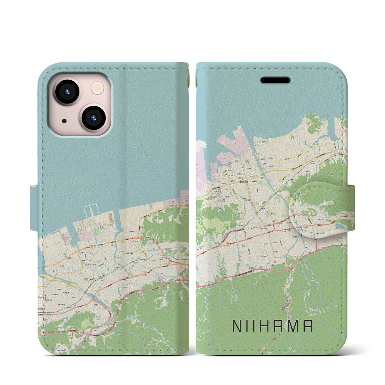 【新居浜】地図柄iPhoneケース（手帳両面タイプ・ナチュラル）iPhone 13 mini 用