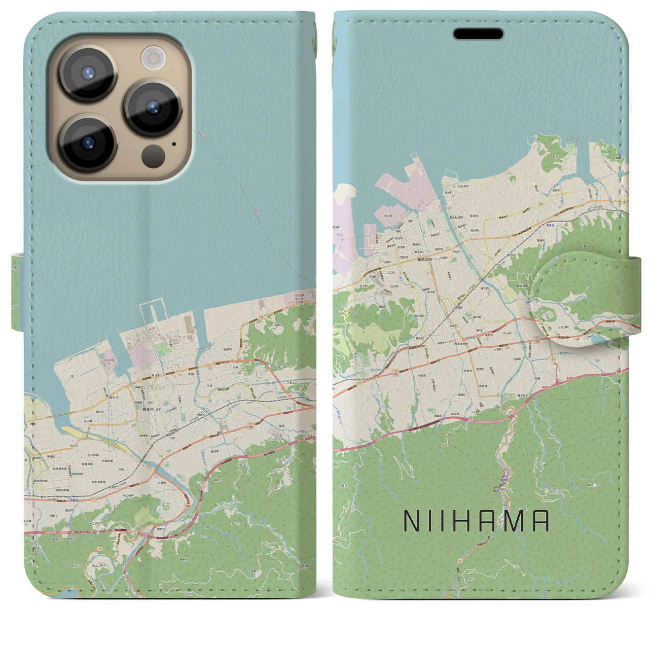 【新居浜】地図柄iPhoneケース（手帳両面タイプ・ナチュラル）iPhone 14 Pro Max 用