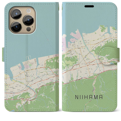 【新居浜（愛媛県）】地図柄iPhoneケース（手帳タイプ）ナチュラル・iPhone 14 Pro Max 用