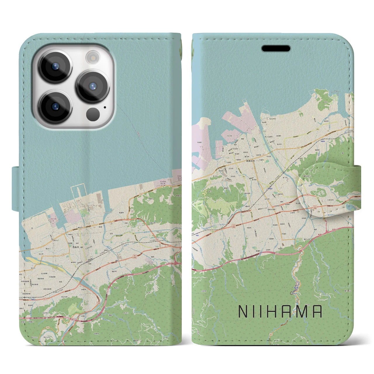 【新居浜】地図柄iPhoneケース（手帳両面タイプ・ナチュラル）iPhone 14 Pro 用