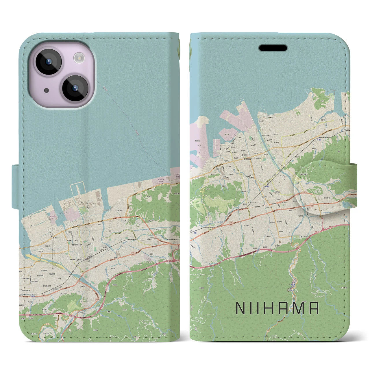 【新居浜】地図柄iPhoneケース（手帳両面タイプ・ナチュラル）iPhone 14 用