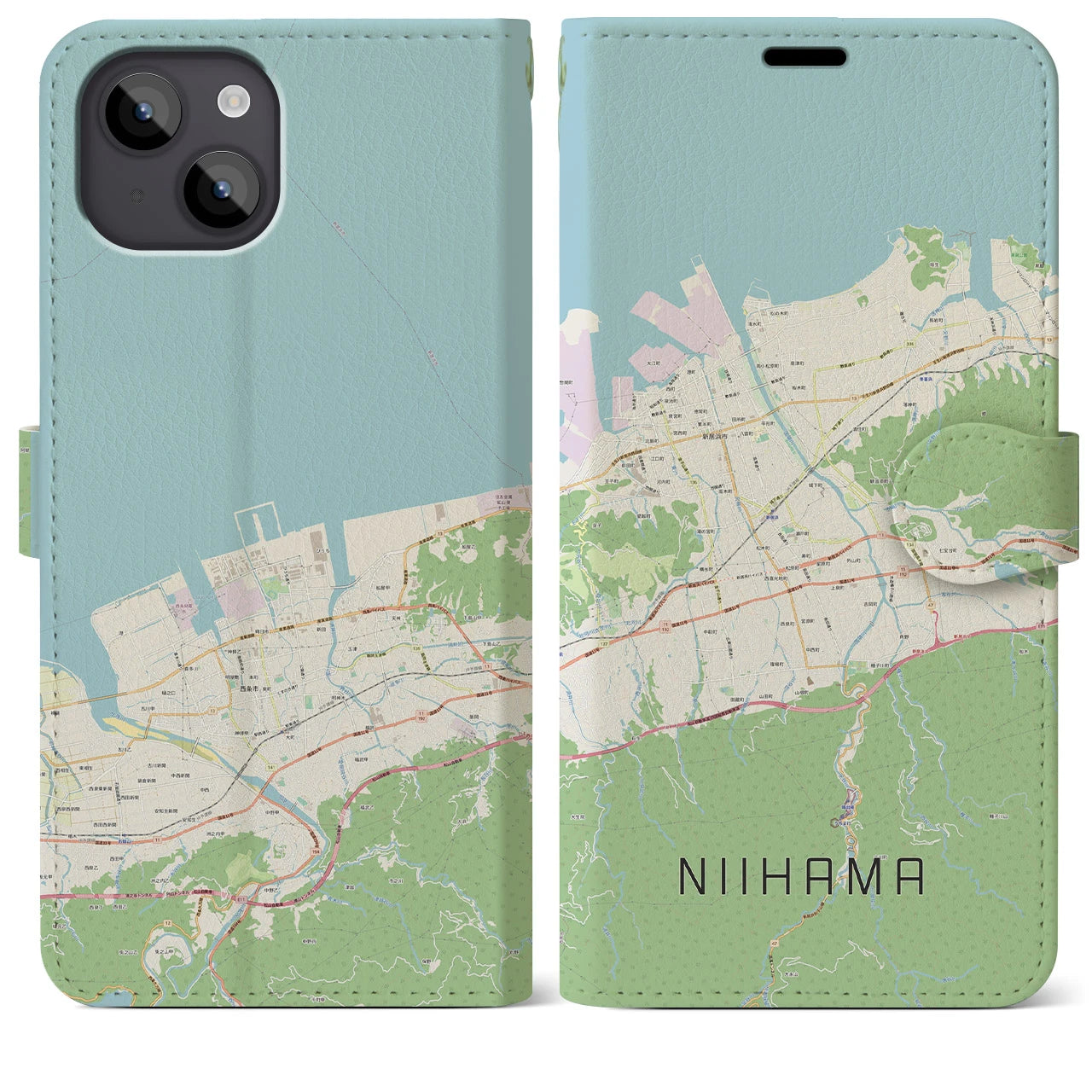 【新居浜】地図柄iPhoneケース（手帳両面タイプ・ナチュラル）iPhone 14 Plus 用