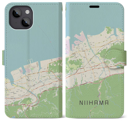 【新居浜（愛媛県）】地図柄iPhoneケース（手帳タイプ）ナチュラル・iPhone 14 Plus 用