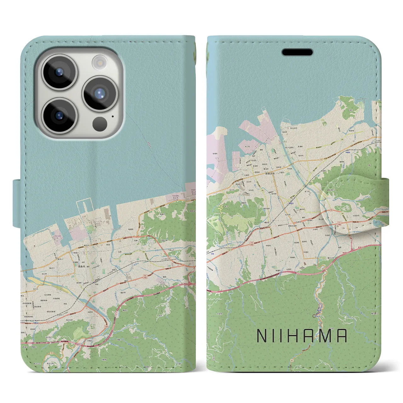 【新居浜】地図柄iPhoneケース（手帳両面タイプ・ナチュラル）iPhone 15 Pro 用