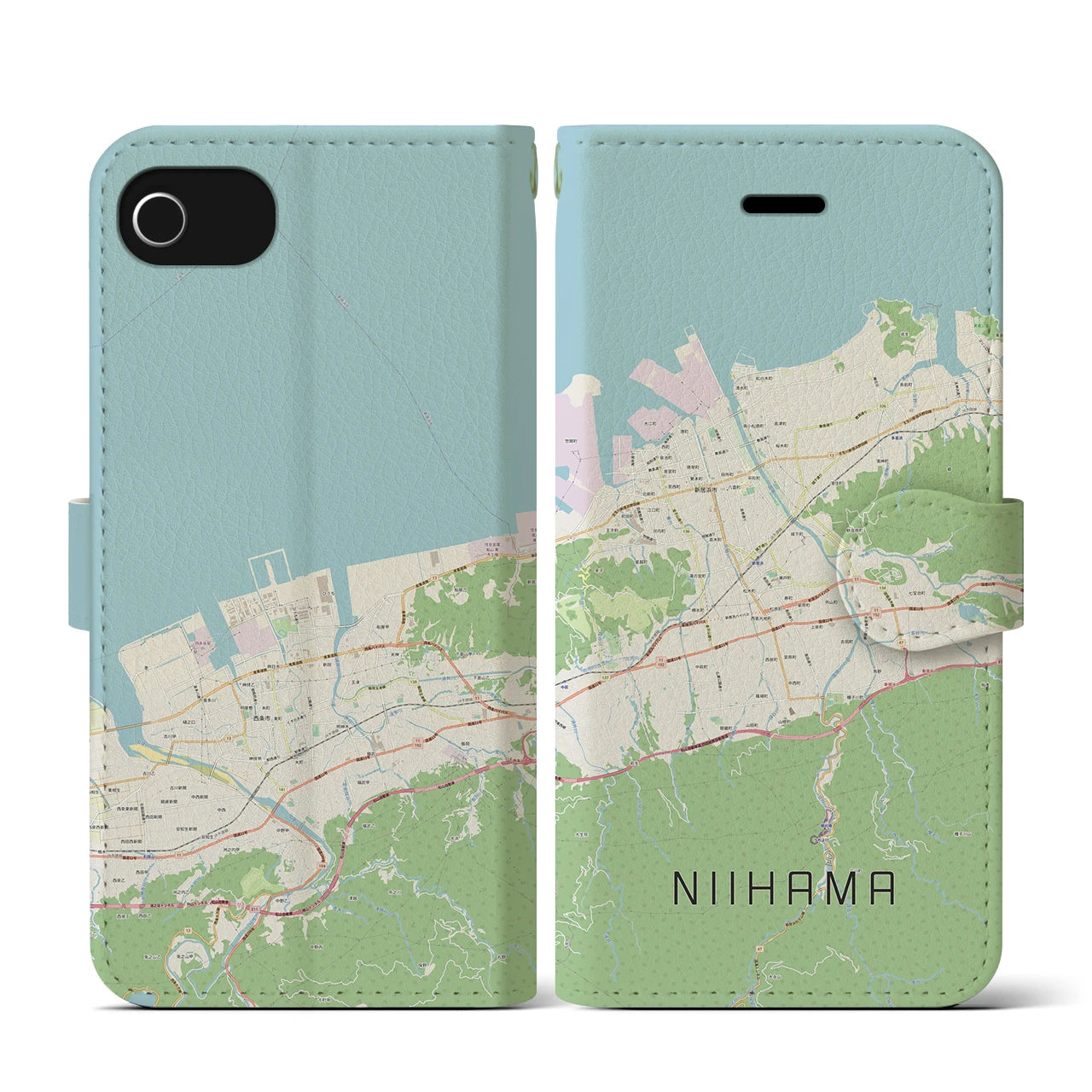 【新居浜】地図柄iPhoneケース（手帳両面タイプ・ナチュラル）iPhone SE（第3 / 第2世代） / 8 / 7 / 6s / 6 用