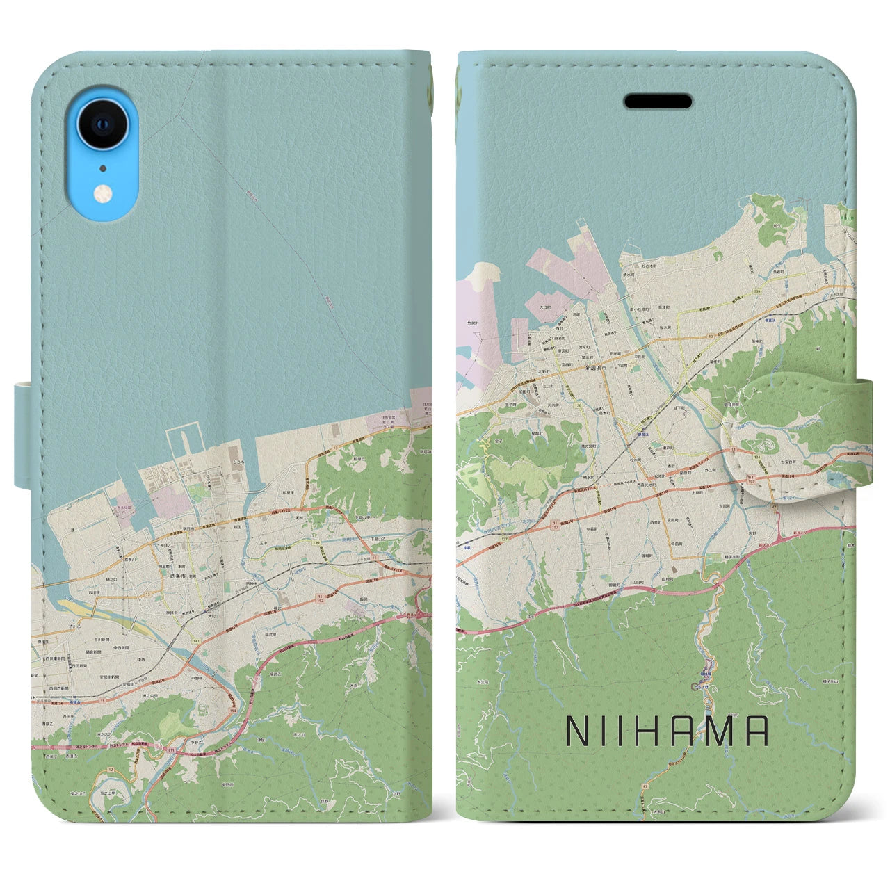 【新居浜】地図柄iPhoneケース（手帳両面タイプ・ナチュラル）iPhone XR 用