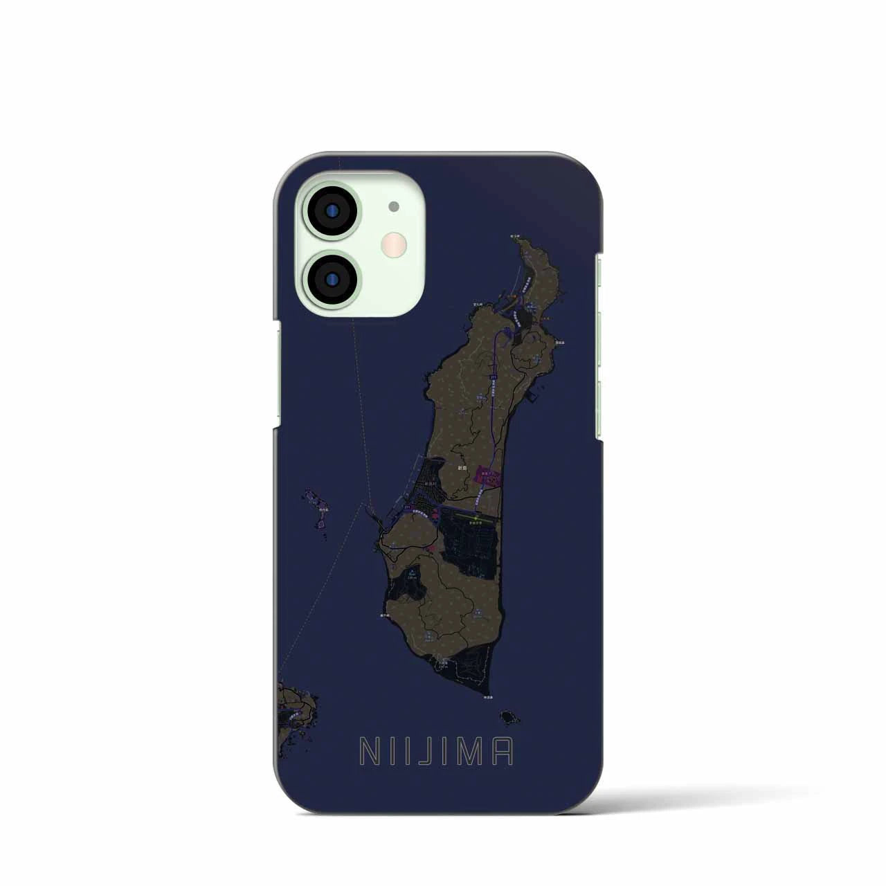 【新島】地図柄iPhoneケース（バックカバータイプ・ブラック）iPhone 12 mini 用