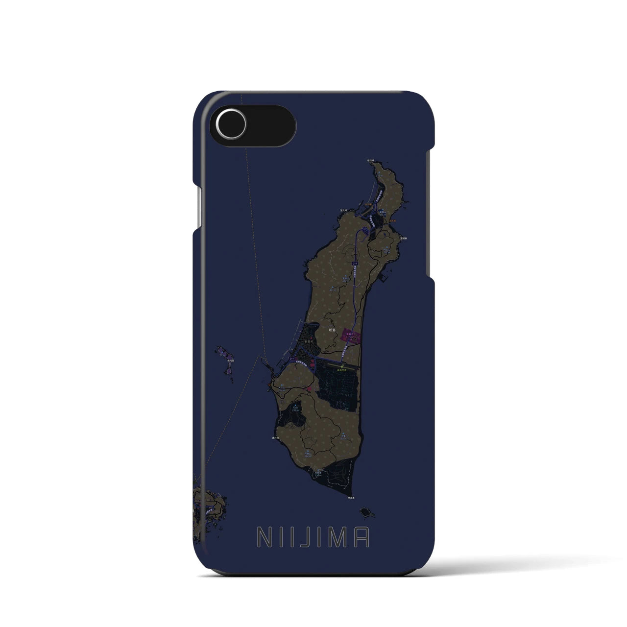 【新島】地図柄iPhoneケース（バックカバータイプ・ブラック）iPhone SE（第3 / 第2世代） / 8 / 7 / 6s / 6 用