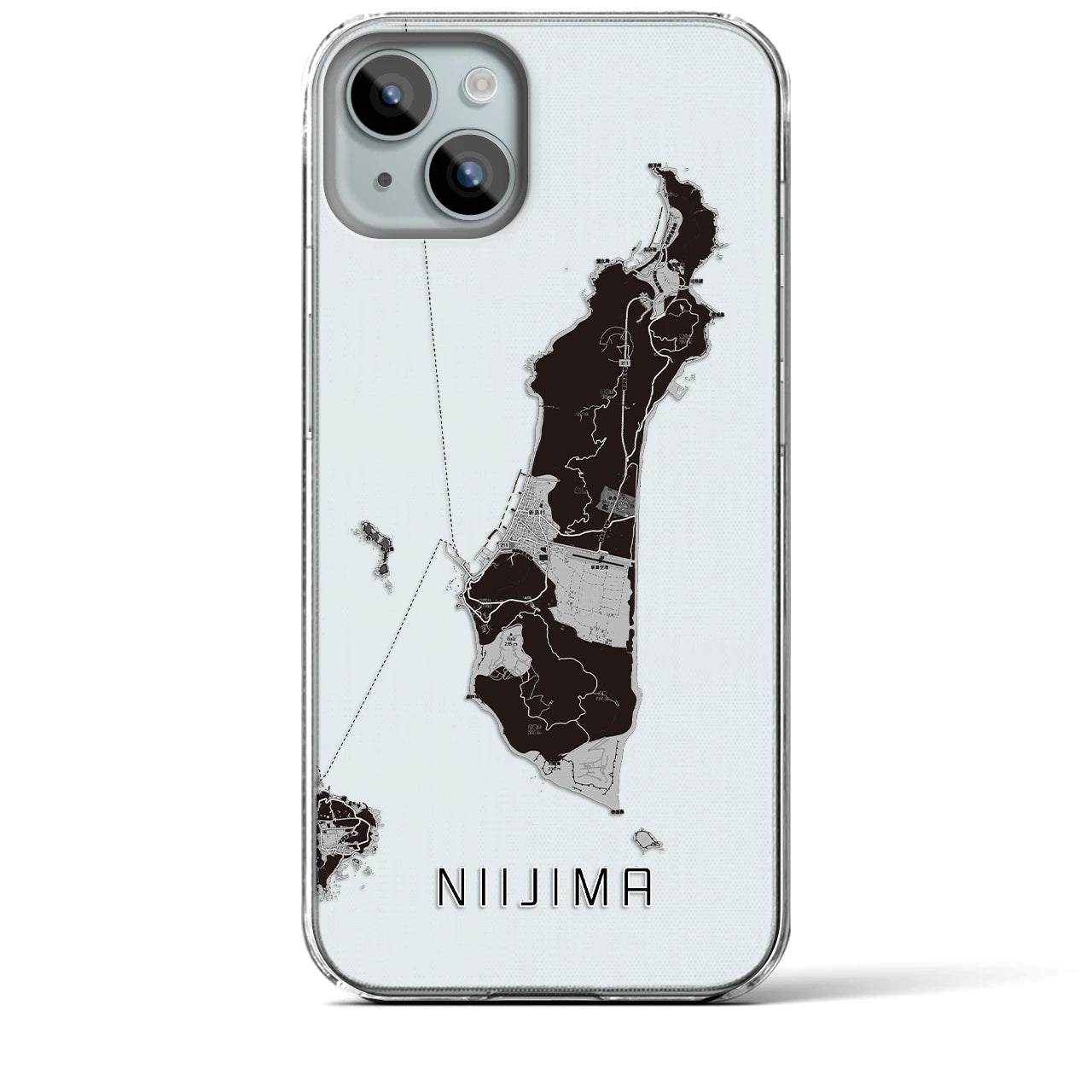 【新島】地図柄iPhoneケース（クリアタイプ・モノトーン）iPhone 15 Plus 用