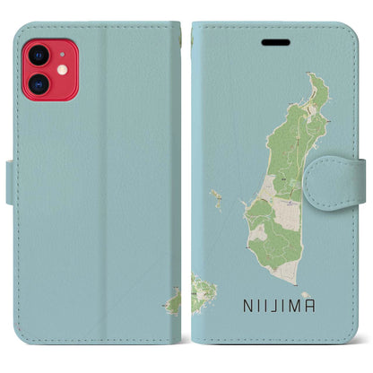 【新島（東京都）】地図柄iPhoneケース（手帳タイプ）ナチュラル・iPhone 11 用