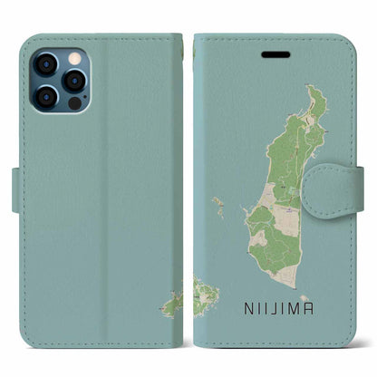 【新島（東京都）】地図柄iPhoneケース（手帳タイプ）ナチュラル・iPhone 12 / 12 Pro 用