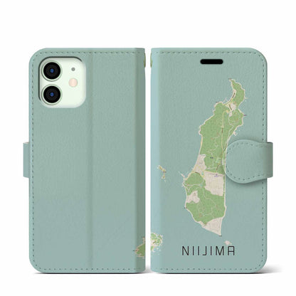 【新島（東京都）】地図柄iPhoneケース（手帳タイプ）ナチュラル・iPhone 12 mini 用