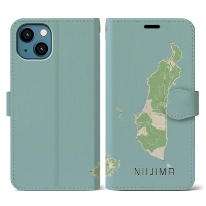 【新島（東京都）】地図柄iPhoneケース（手帳タイプ）ナチュラル・iPhone 13 用