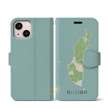 【新島（東京都）】地図柄iPhoneケース（手帳タイプ）ナチュラル・iPhone 13 mini 用