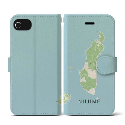 【新島（東京都）】地図柄iPhoneケース（手帳タイプ）ナチュラル・iPhone SE（第3 / 第2世代） / 8 / 7 / 6s / 6 用