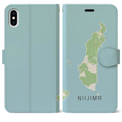 【新島（東京都）】地図柄iPhoneケース（手帳タイプ）ナチュラル・iPhone XS Max 用