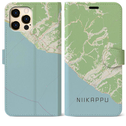 【新冠（北海道）】地図柄iPhoneケース（手帳タイプ）ナチュラル・iPhone 12 Pro Max 用