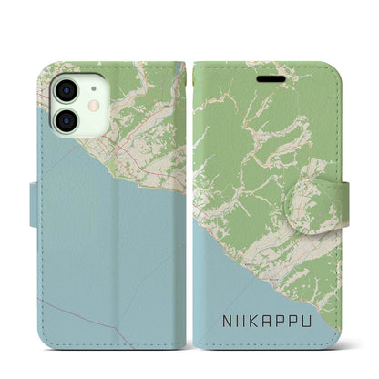 【新冠（北海道）】地図柄iPhoneケース（手帳タイプ）ナチュラル・iPhone 12 mini 用