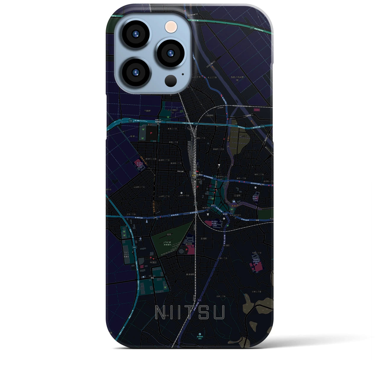 【新津】地図柄iPhoneケース（バックカバータイプ・ブラック）iPhone 13 Pro Max 用