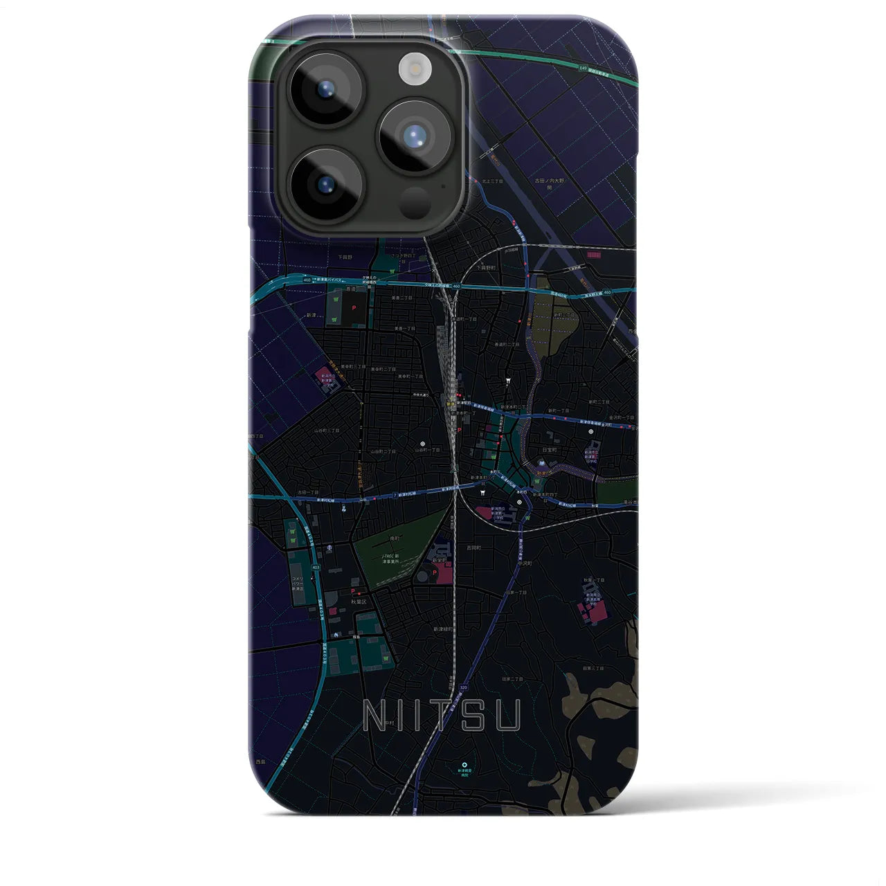 【新津】地図柄iPhoneケース（バックカバータイプ・ブラック）iPhone 15 Pro Max 用
