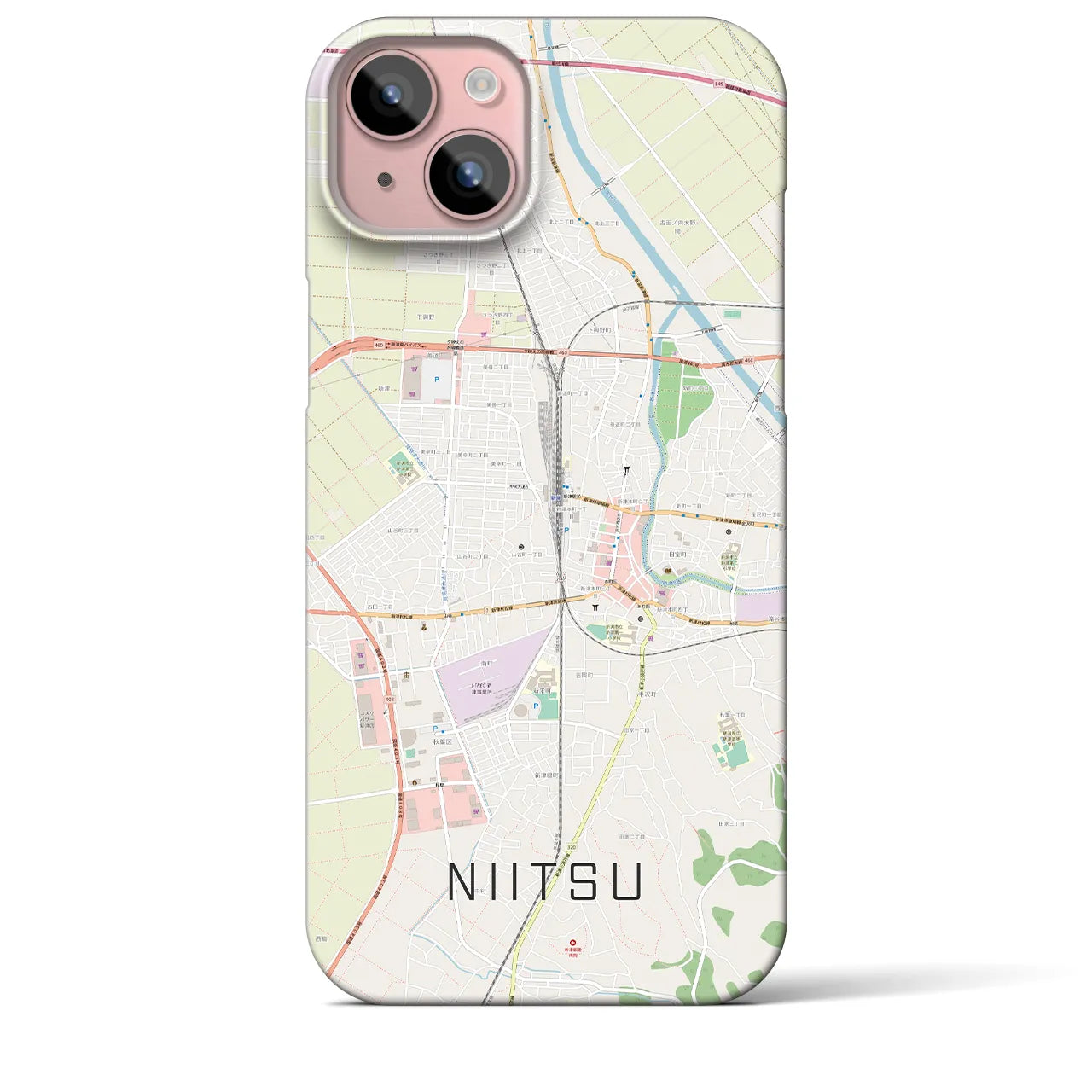 【新津】地図柄iPhoneケース（バックカバータイプ・ナチュラル）iPhone 15 Plus 用