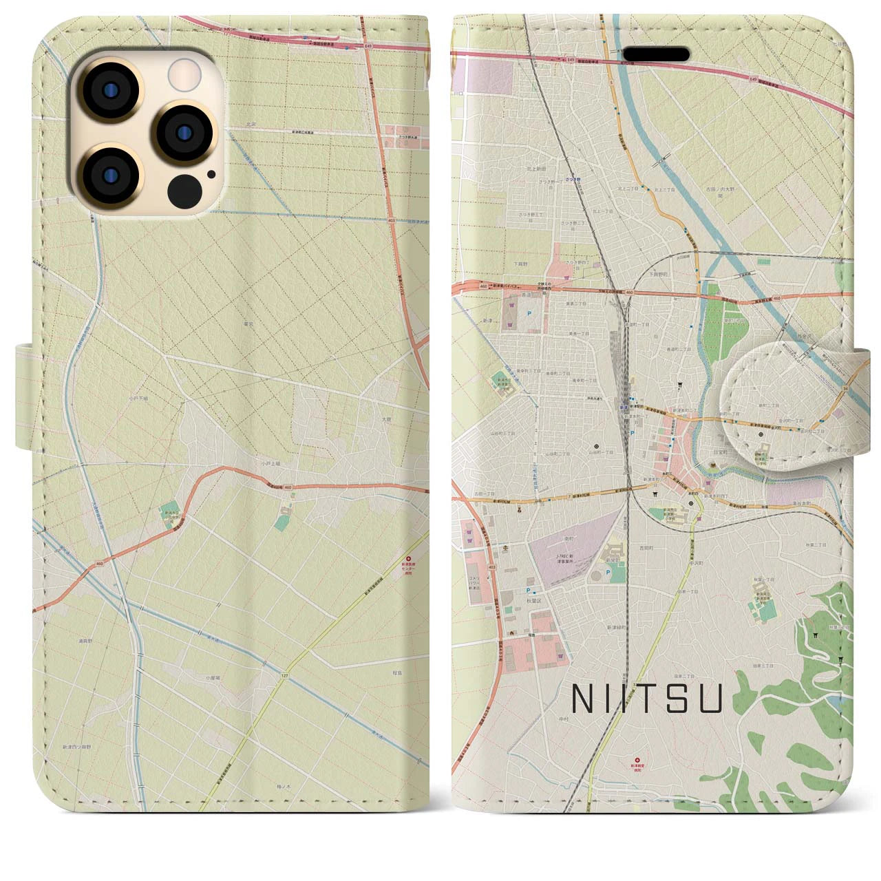 【新津】地図柄iPhoneケース（手帳両面タイプ・ナチュラル）iPhone 12 Pro Max 用