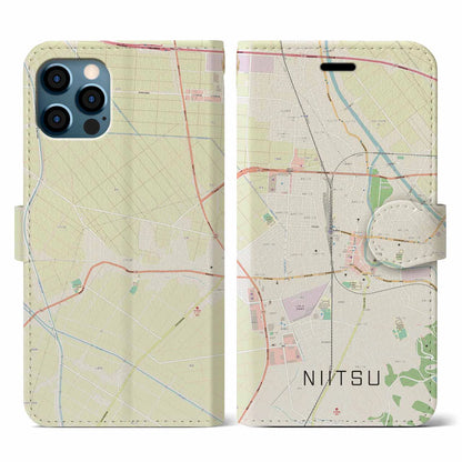 【新津（新潟県）】地図柄iPhoneケース（手帳タイプ）ナチュラル・iPhone 12 / 12 Pro 用