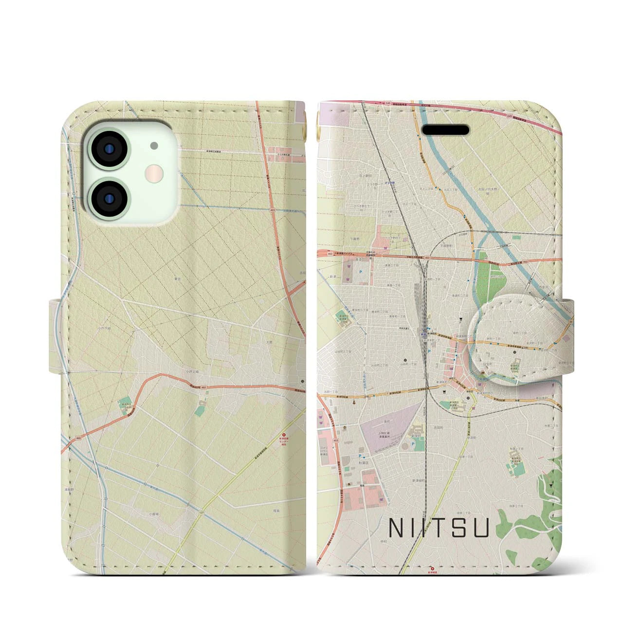 【新津】地図柄iPhoneケース（手帳両面タイプ・ナチュラル）iPhone 12 mini 用