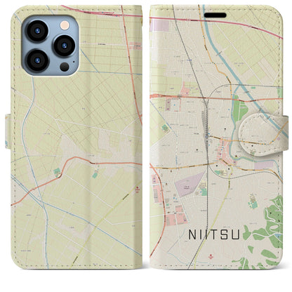 【新津（新潟県）】地図柄iPhoneケース（手帳タイプ）ナチュラル・iPhone 13 Pro Max 用