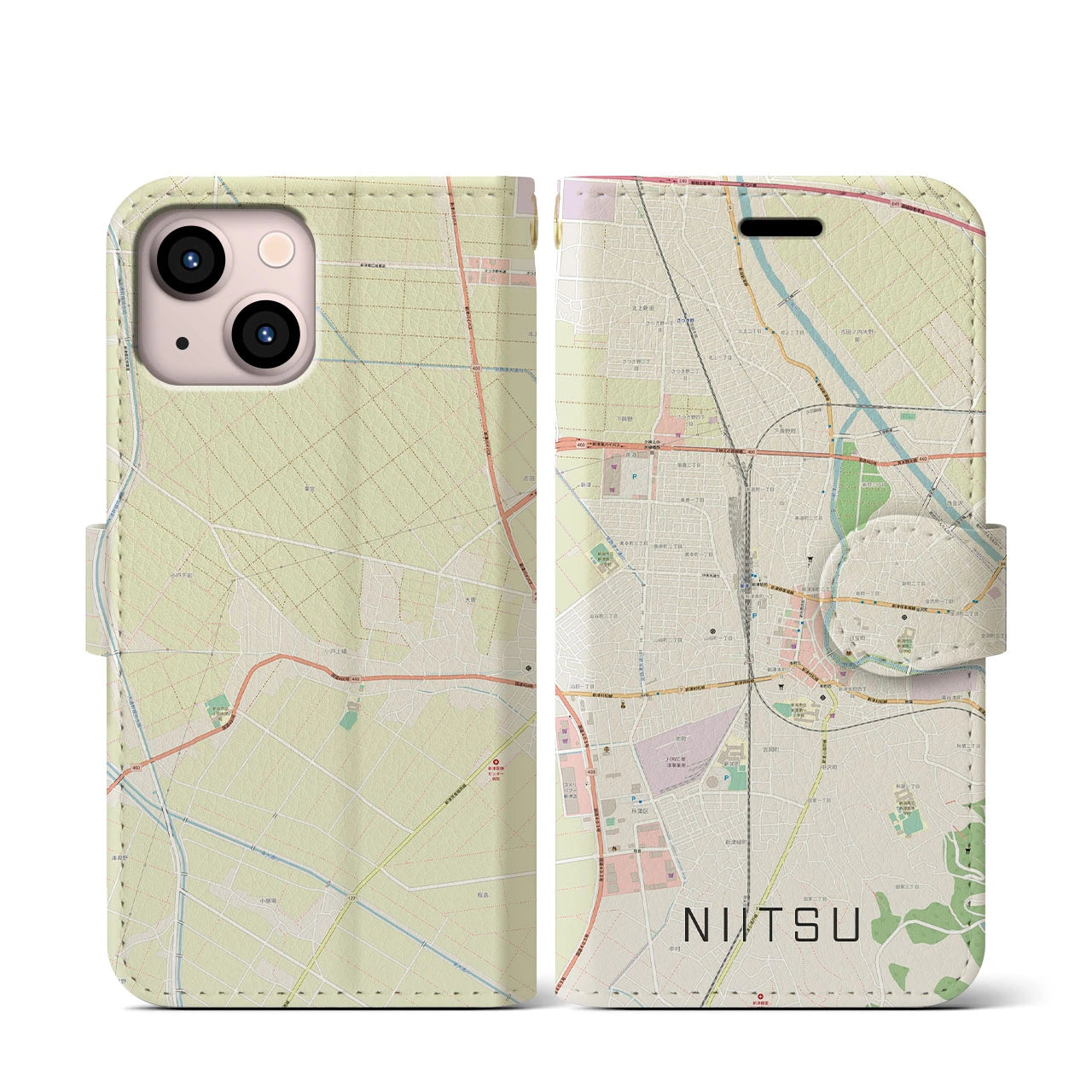 【新津】地図柄iPhoneケース（手帳両面タイプ・ナチュラル）iPhone 13 mini 用