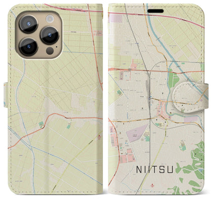 【新津（新潟県）】地図柄iPhoneケース（手帳タイプ）ナチュラル・iPhone 14 Pro Max 用