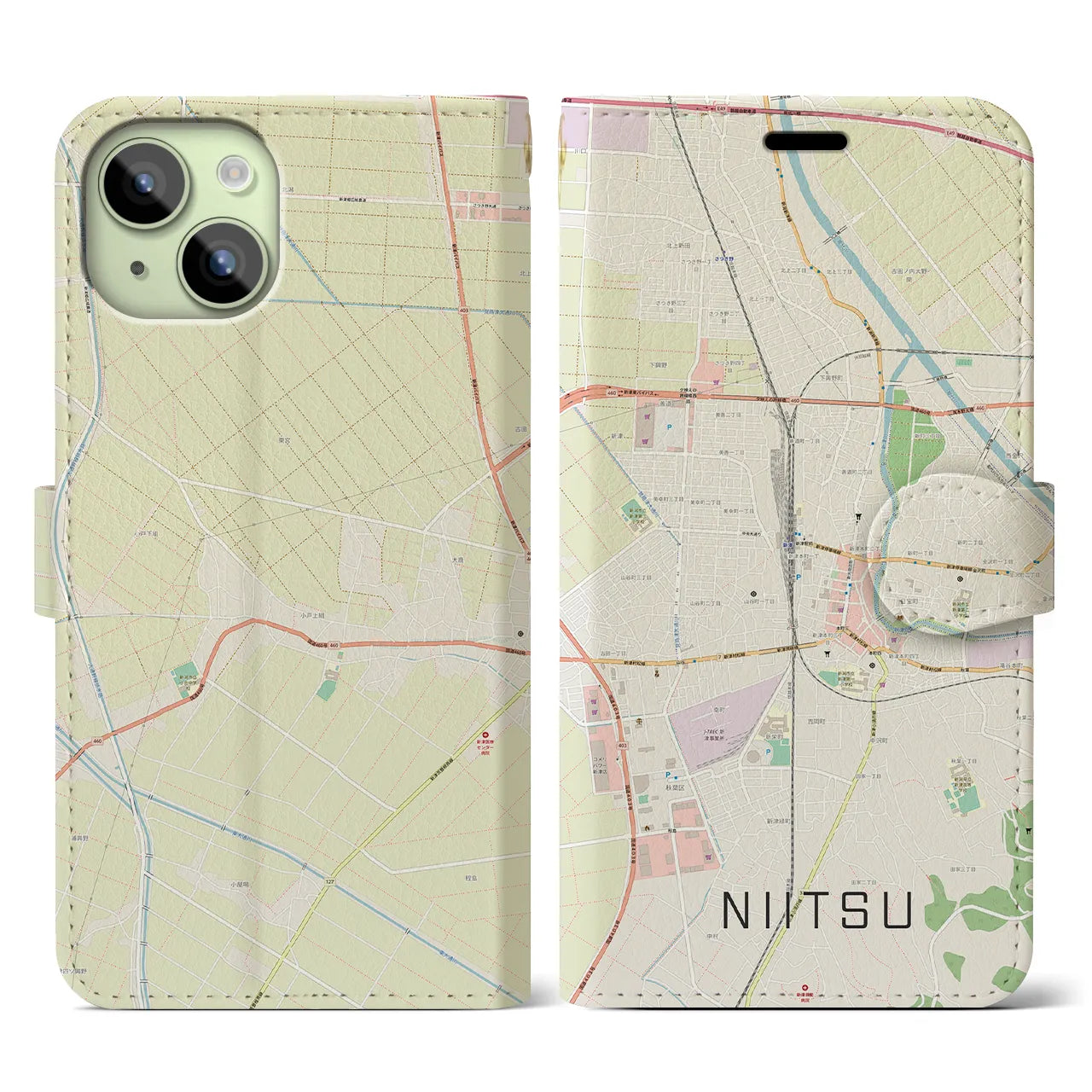 【新津】地図柄iPhoneケース（手帳両面タイプ・ナチュラル）iPhone 15 用