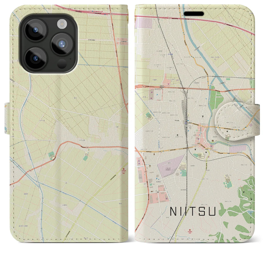 【新津】地図柄iPhoneケース（手帳両面タイプ・ナチュラル）iPhone 15 Pro Max 用