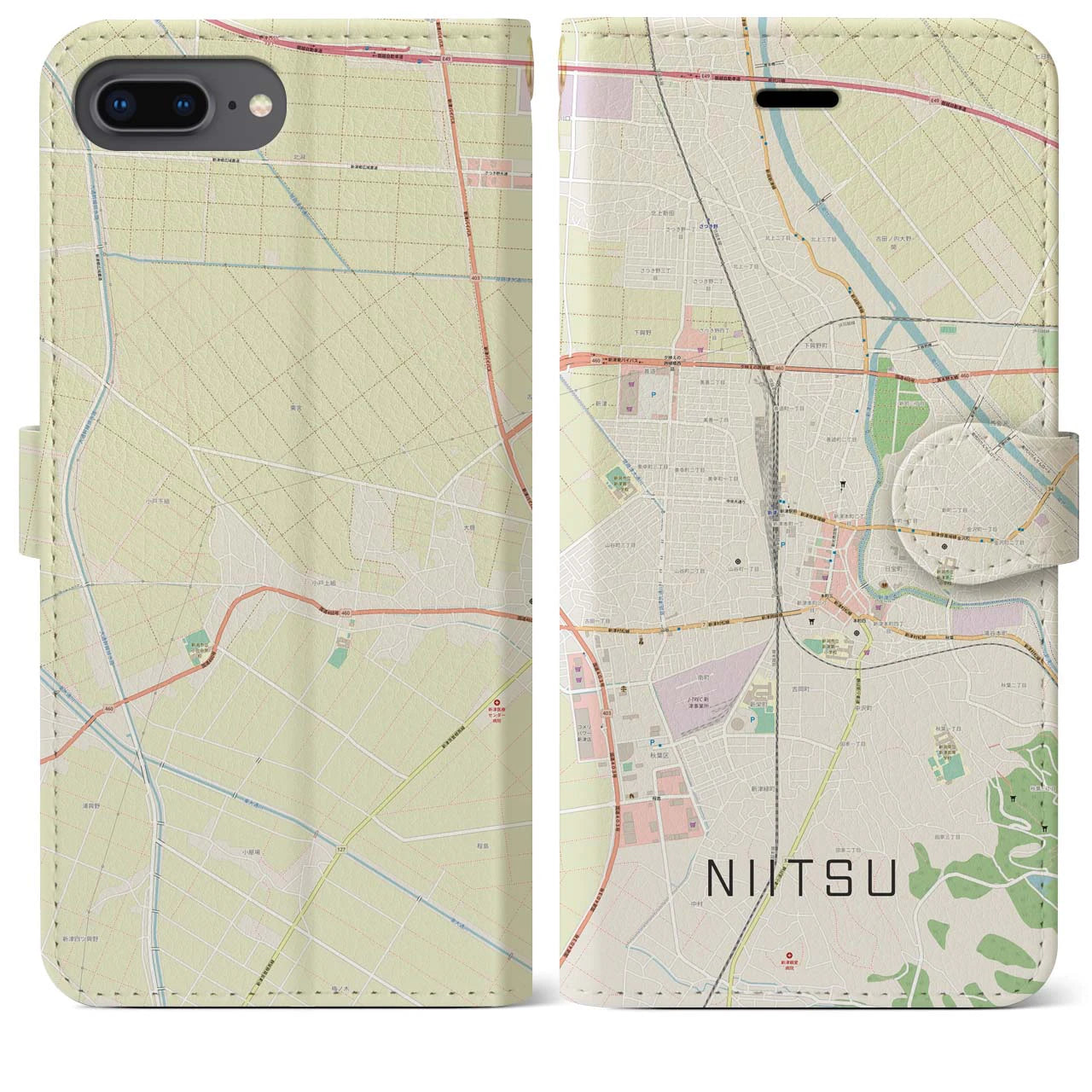 【新津】地図柄iPhoneケース（手帳両面タイプ・ナチュラル）iPhone 8Plus /7Plus / 6sPlus / 6Plus 用