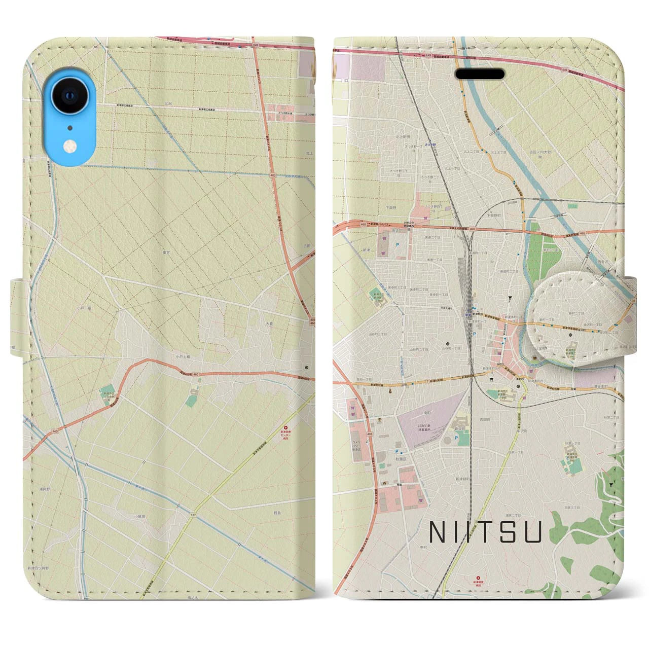 【新津】地図柄iPhoneケース（手帳両面タイプ・ナチュラル）iPhone XR 用