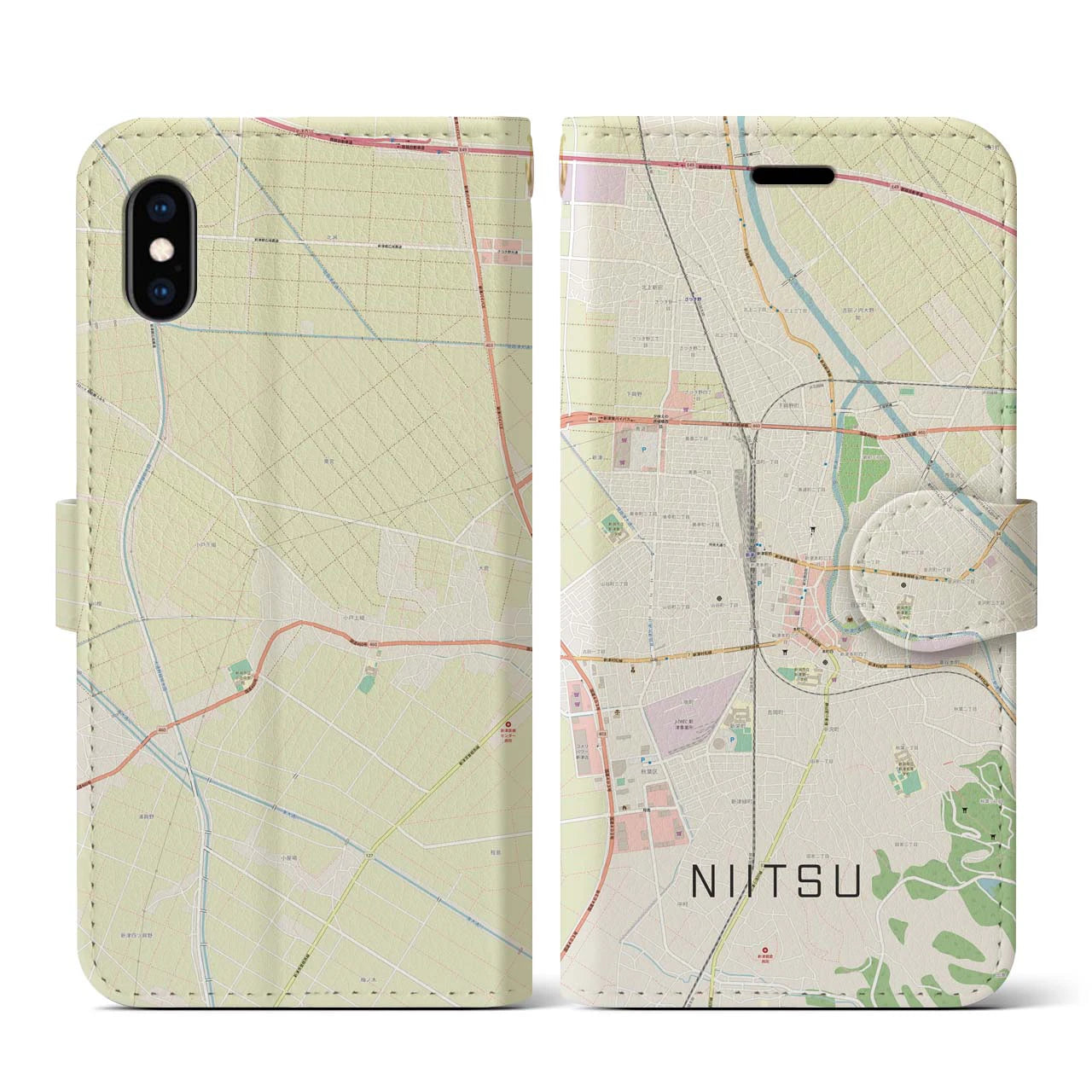 【新津】地図柄iPhoneケース（手帳両面タイプ・ナチュラル）iPhone XS / X 用