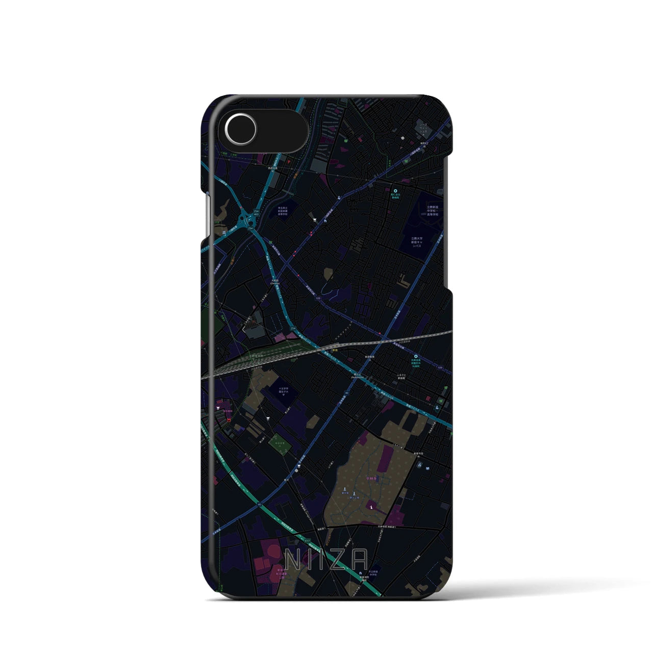 【新座】地図柄iPhoneケース（バックカバータイプ・ブラック）iPhone SE（第3 / 第2世代） / 8 / 7 / 6s / 6 用
