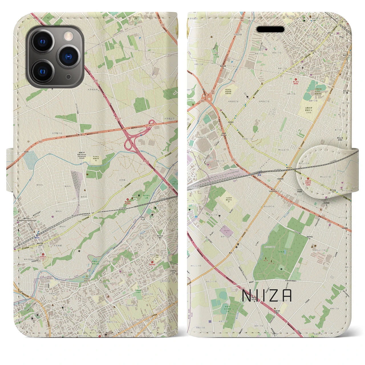【新座】地図柄iPhoneケース（手帳両面タイプ・ナチュラル）iPhone 11 Pro Max 用