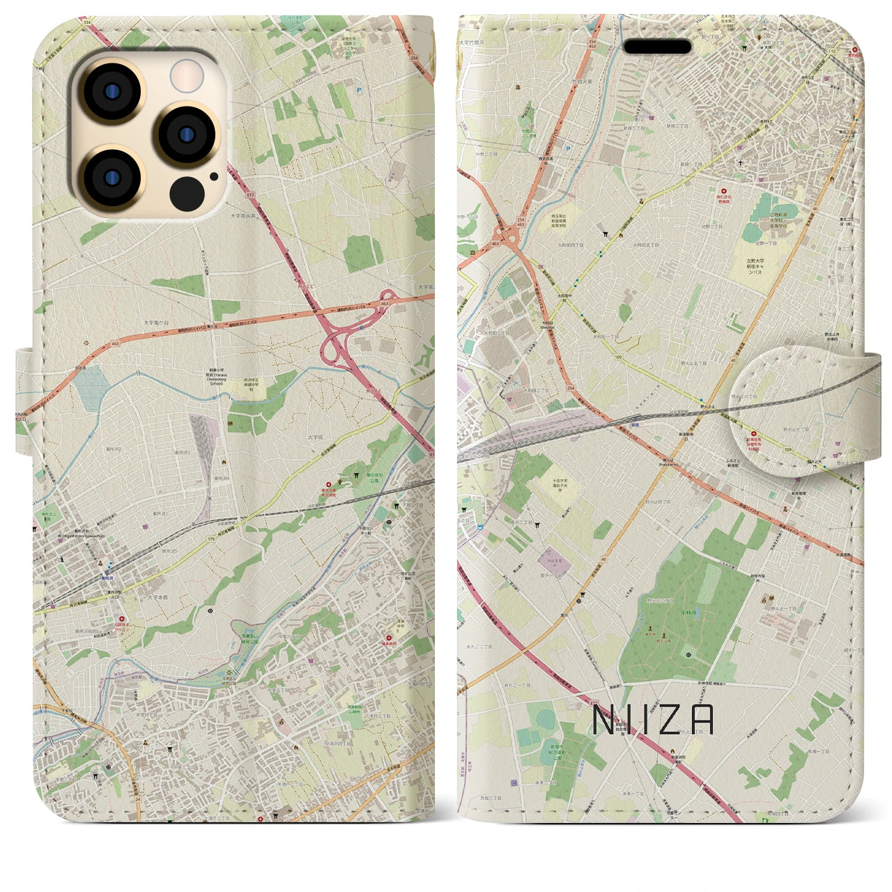 【新座】地図柄iPhoneケース（手帳両面タイプ・ナチュラル）iPhone 12 Pro Max 用