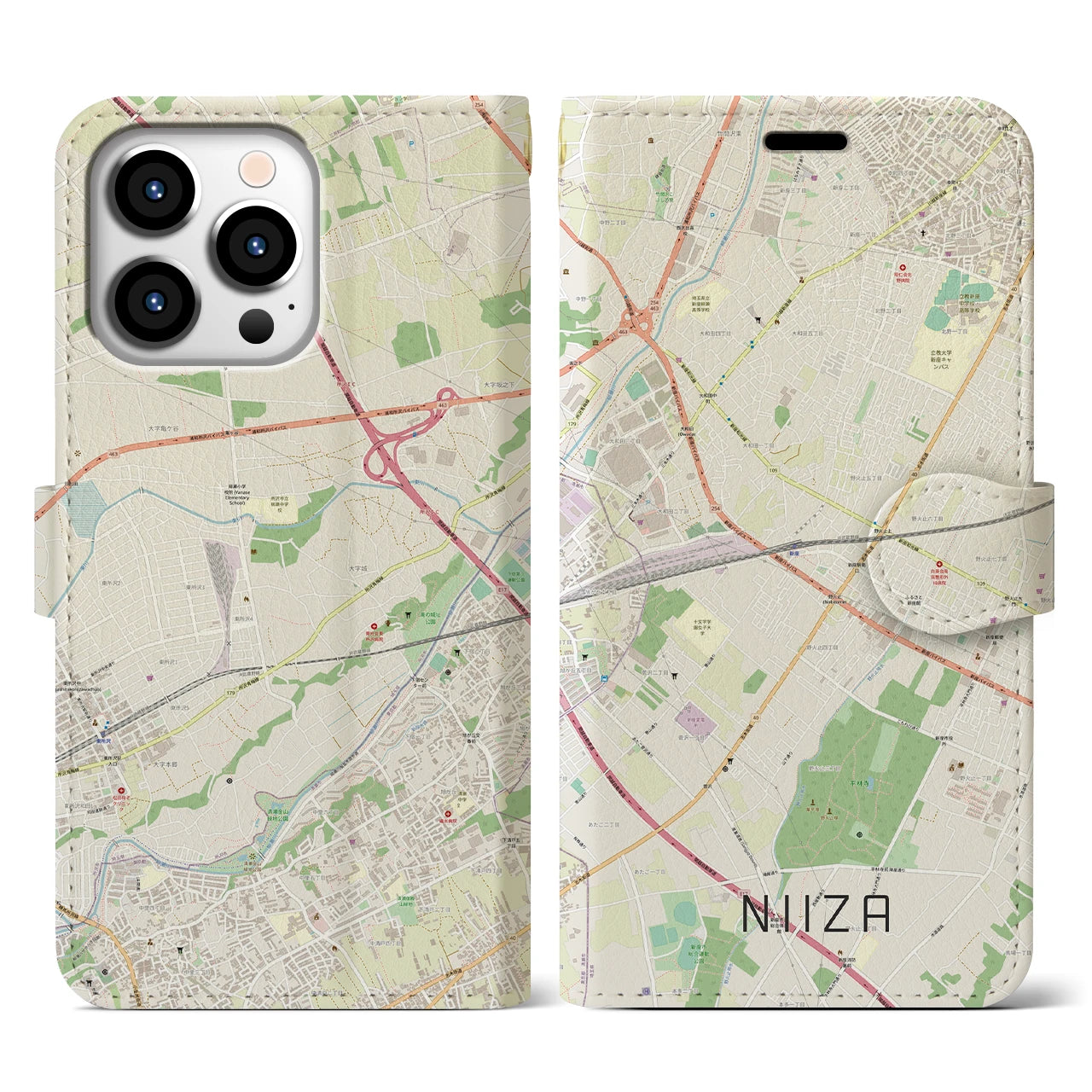 【新座】地図柄iPhoneケース（手帳両面タイプ・ナチュラル）iPhone 13 Pro 用