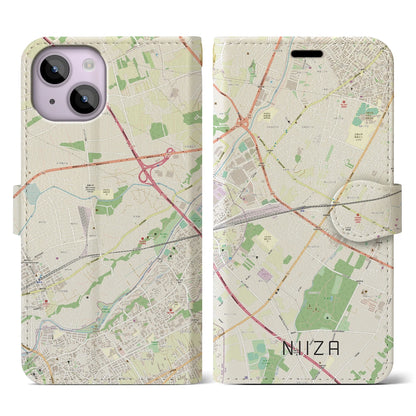 【新座】地図柄iPhoneケース（手帳両面タイプ・ナチュラル）iPhone 14 用